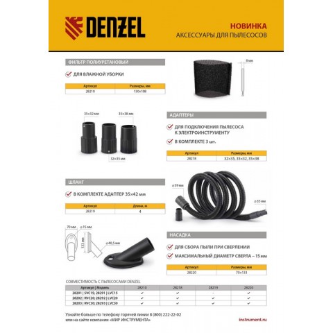 Комплект адаптеров для подключения пылесоса к электроинструменту 32-35-38 мм// Denzel