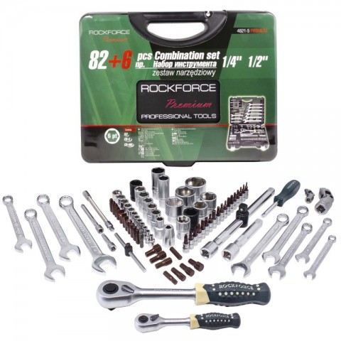 Набор инструментов 82+6 предметов 1/4"1/2"(6гр.)+(головка-бита 1/4" T40; биты 5/16": М8,10,12,14;гол 26257 RF-4821-5 PREMIUM