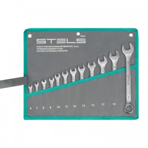 Набор ключей комбинированных 6-22 мм, 12 шт, CrV, матовый хром Stels