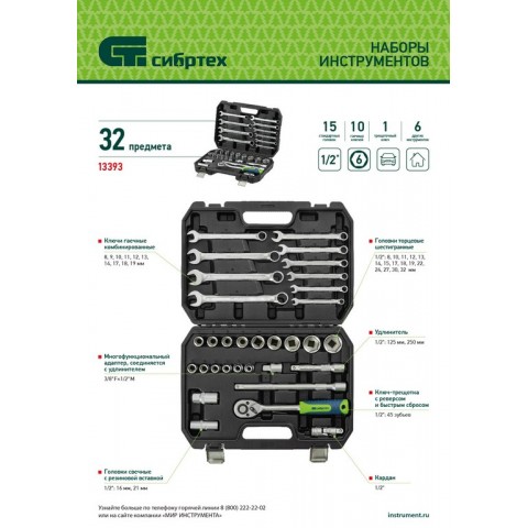 Набор инструментов, 1/2", пластиковый кейс, 32 предмета// Сибртех