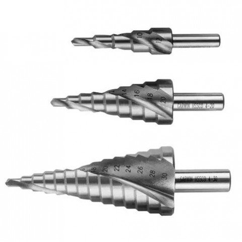 Набор ступенчатых сверл 4-12, 4-20, 4-30 мм, HSS-Co5, со спиральной канавкой