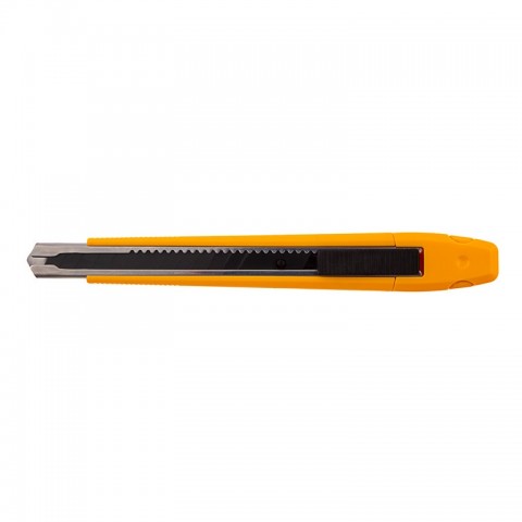 Нож, 9 мм, сменное лезвие, SK4, метал. направляющая, клипса, нажимной фиксатор// Denzel