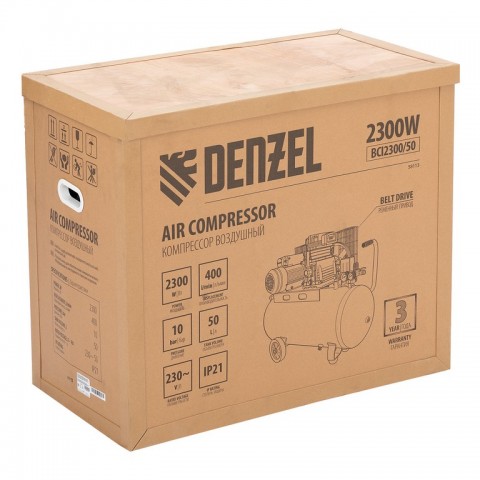 Компрессор воздушный BCI2300/50, ременный привод, 2.3 кВт, 50 литров, 400 л/мин Denzel