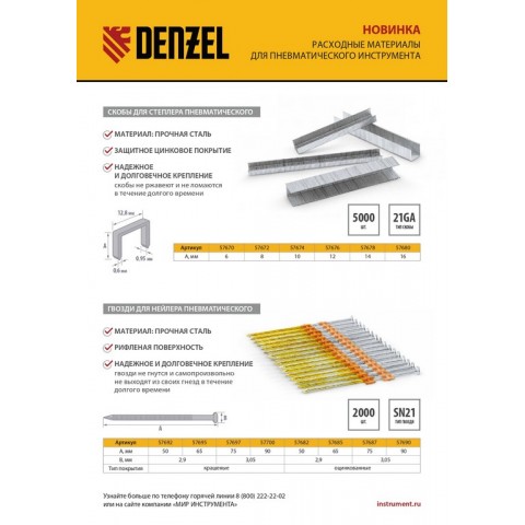 Скобы 21GA для пнев. степл., 10мм, шир. - 0,95мм, тол. - 0,6мм, шир. скобы - 12,8мм, 5000шт Denzel