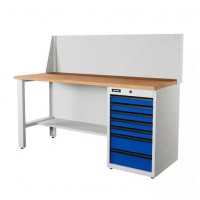Верстак серии Industrial, 1700 мм, фанера, тумба с 7-ю ящиками, экран 500, синий (светло-серый) RAL 5005 (7035)