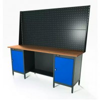 Верстак серии Standart, 2000 мм, фанера, тумба с дверью + тумба с дверью, экран 1000, синий RAL 5005