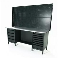 Верстак серии Standart, 2000 мм, оцинк, тумба с 4-мя ящиками + тумба с 7-ю ящиками, экран 1000, серый RAL 7016